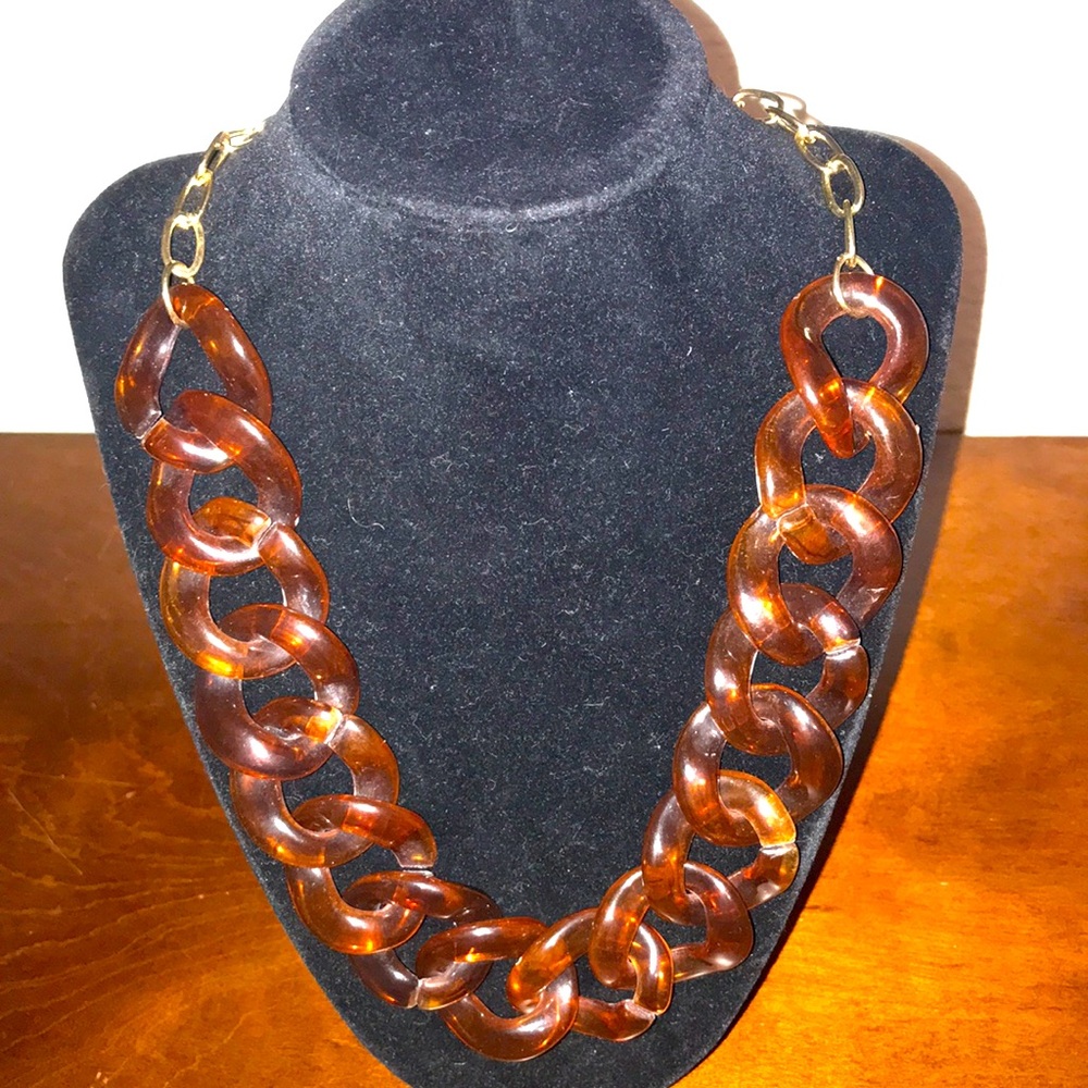 Smokey Tortoiseshell Lucite Look Chunky Chain Link Gold Tone Chain Necklace